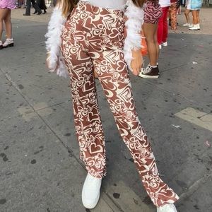 Brown and white patterned flare pants